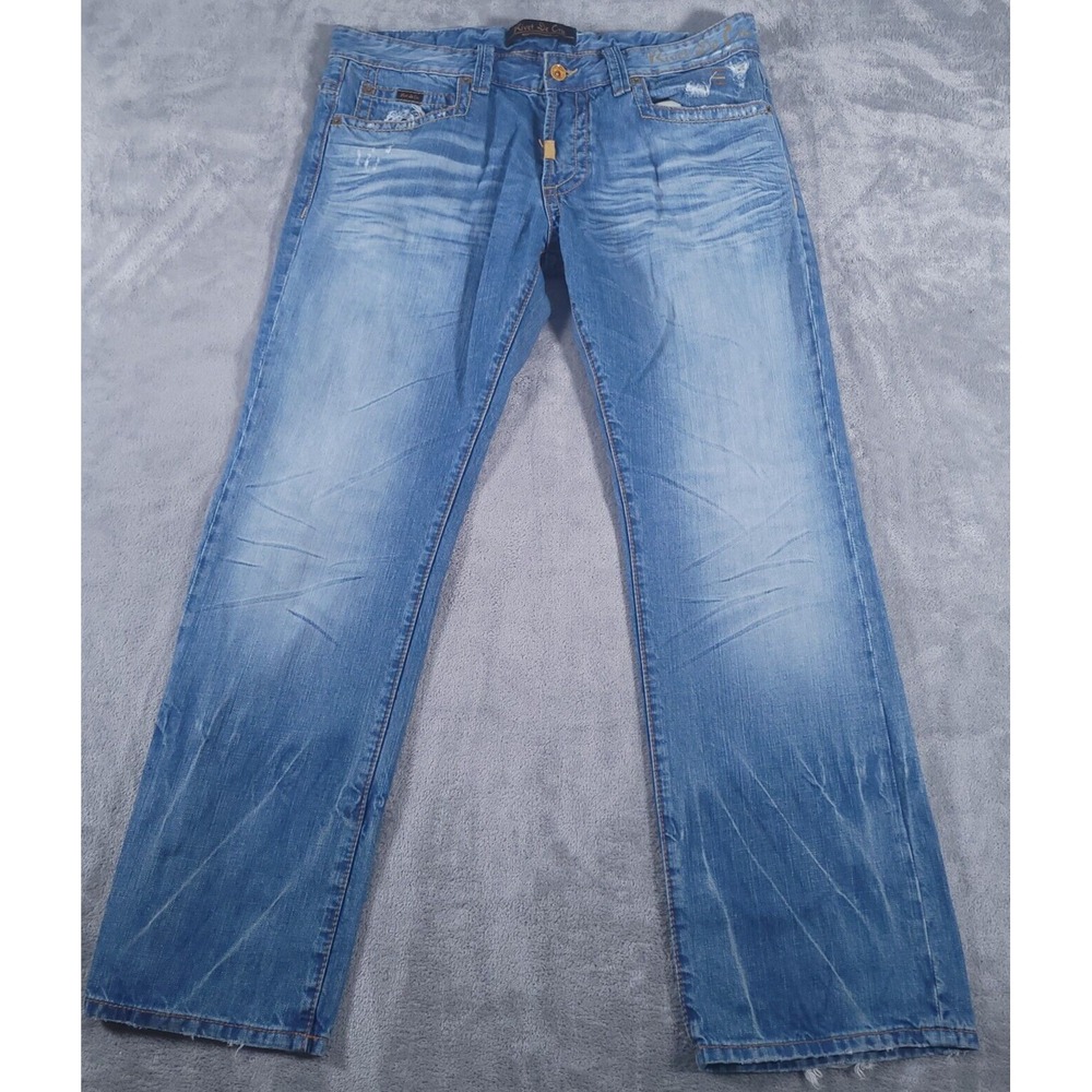 Rivet De Cru Jeans Mens 38 Blue Distressed Straight‎ Leg Embroidered Y2K Denim